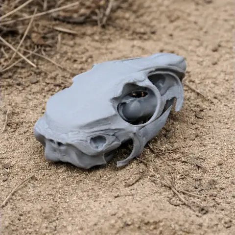 A 3D-printed Mountain Viscacha skull replica lies on sandy ground with dry grass around.