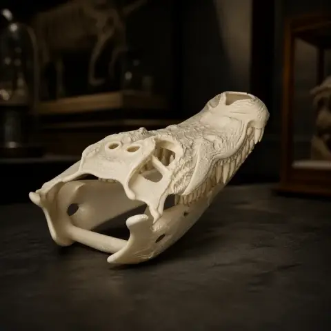 3D printed mugger crocodile skull replica on a dark surface.