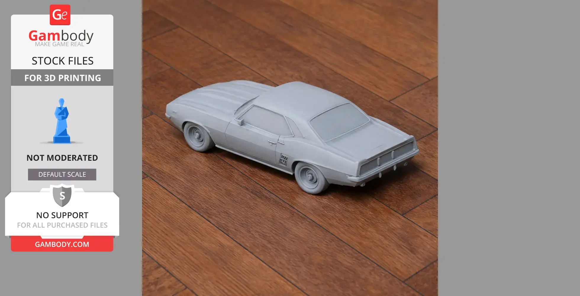 Gray 3D printed model of a 1969 Chevrolet Camaro on wooden floor.
