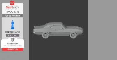 3D model of a 1969 Chevrolet Camaro side view, designed for 3D printing, displayed in grayscale.