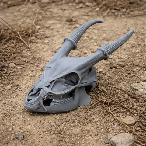 3D printed muntjac skull replica on rocky, sandy ground, with detailed antlers and texture.