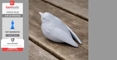 Gray 3D-printed model of a bird resting on wooden surface, detailed with textured feathers.