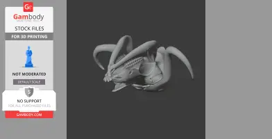 A detailed 3D model of a fantasy creature skull with large, curved horns, designed for 3D printing.