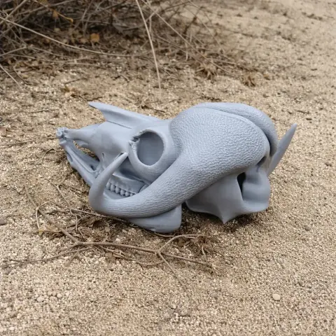 3D-printed musk ox skull model on sandy ground with dry twigs around.