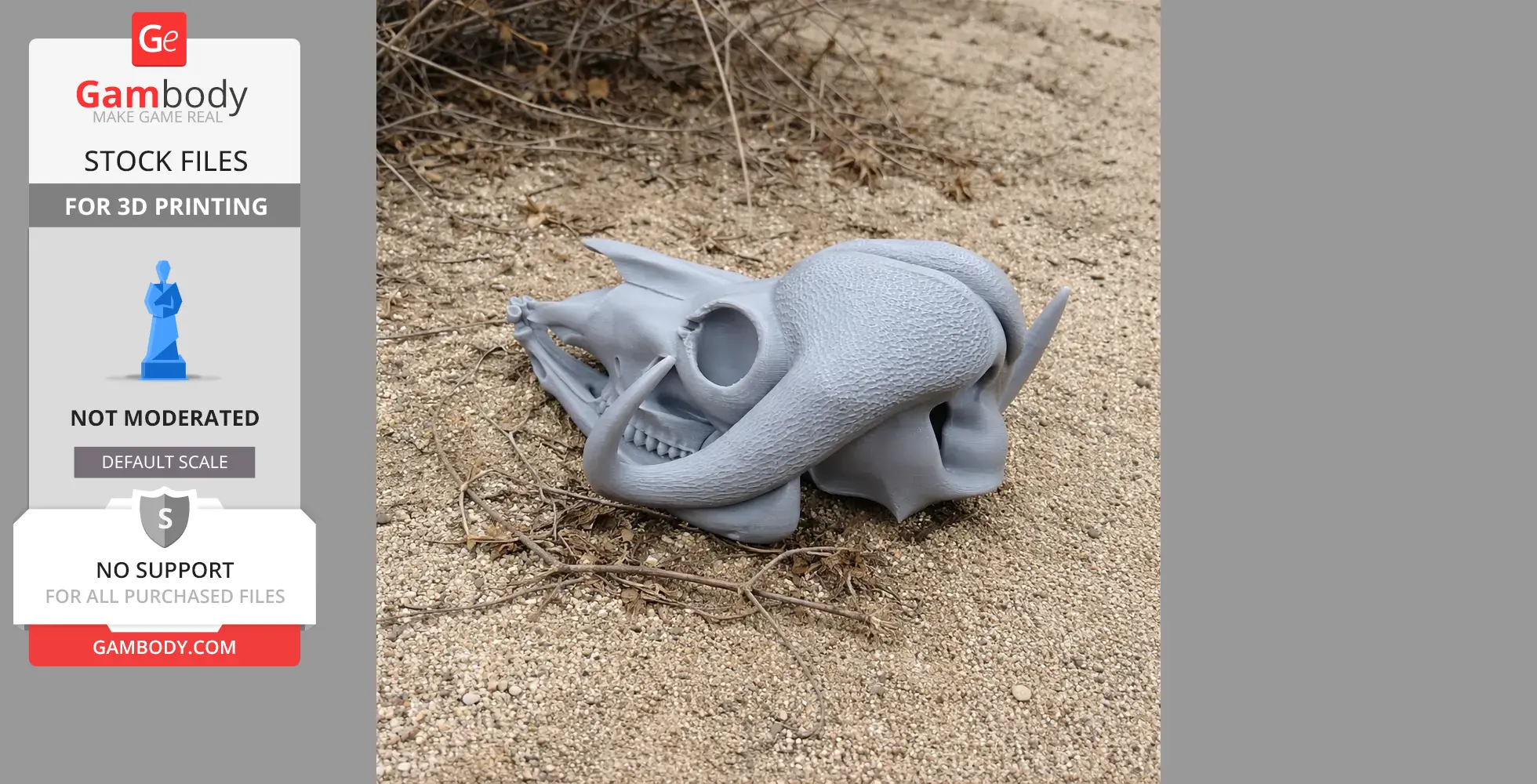 3D-printed musk ox skull replica on sandy ground.