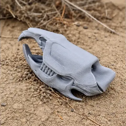 3D-printed gray muskrat skull replica on sandy ground with dry twigs.