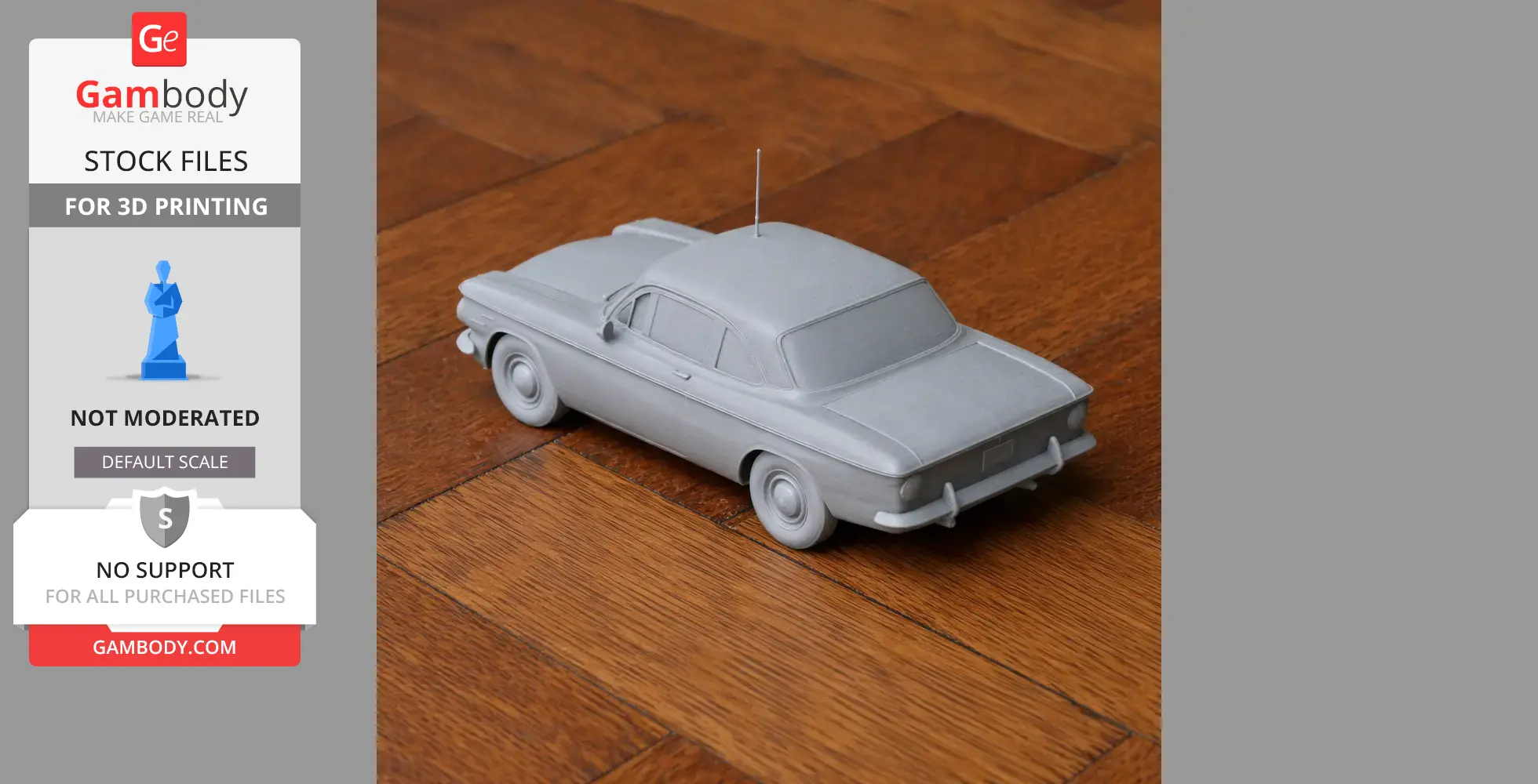 3D-printed scale model of a Chevrolet Corvair in gray on a wooden surface.