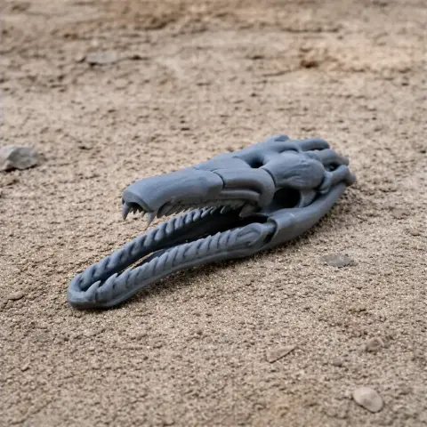 3D-printed Mussaurus skull replica lying on a sandy surface.