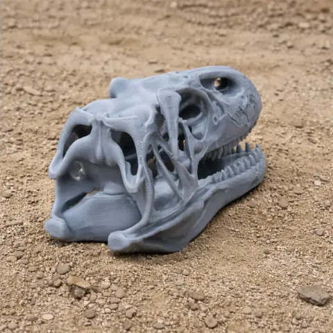 3D printed Neovenator dinosaur skull replica resting on a dirt surface.