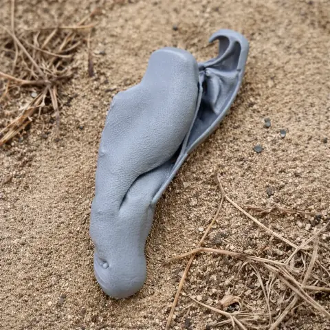 A 3D-printed juvenile Nile crocodile skull replica on sandy ground with dry twigs.