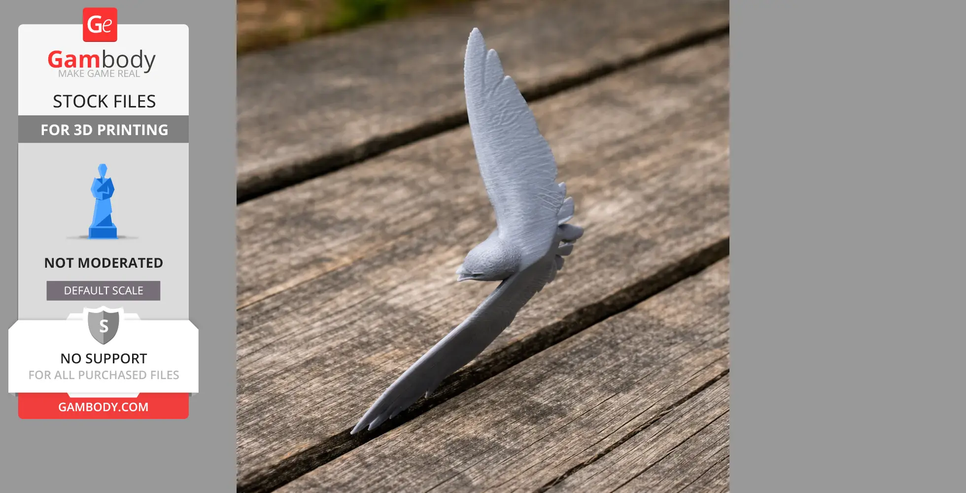 A 3D-printed model of an Asian palm swift bird with wings outstretched on a wooden surface.