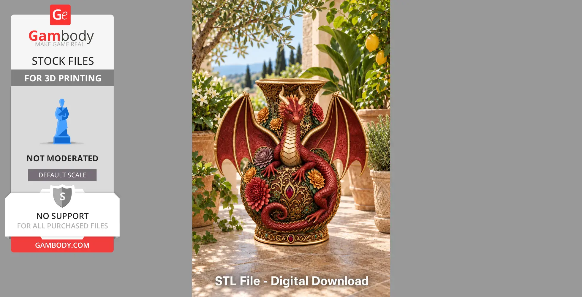 A decorative vase featuring a red dragon with outstretched wings amidst floral designs.