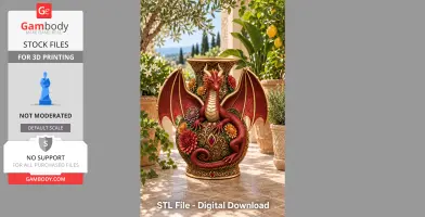 A decorative vase featuring a red dragon with outstretched wings amidst floral designs.
