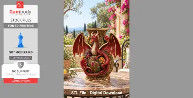 A detailed vase adorned with a crimson dragon and floral motifs, designed for 3D printing.