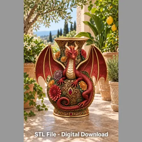 A red dragon with floral designs wraps around an ornate vase in a garden setting.