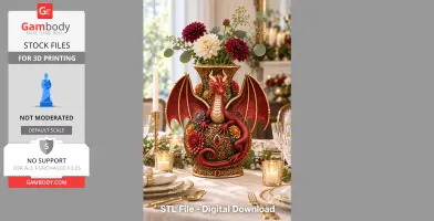 Red dragon vase with floral design, wings spread, and flowers inside, set on an elegant dining table.