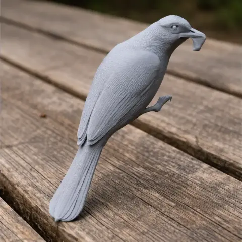 A 3D-printed model of a bird with detailed feathers, perched on a wooden surface.
