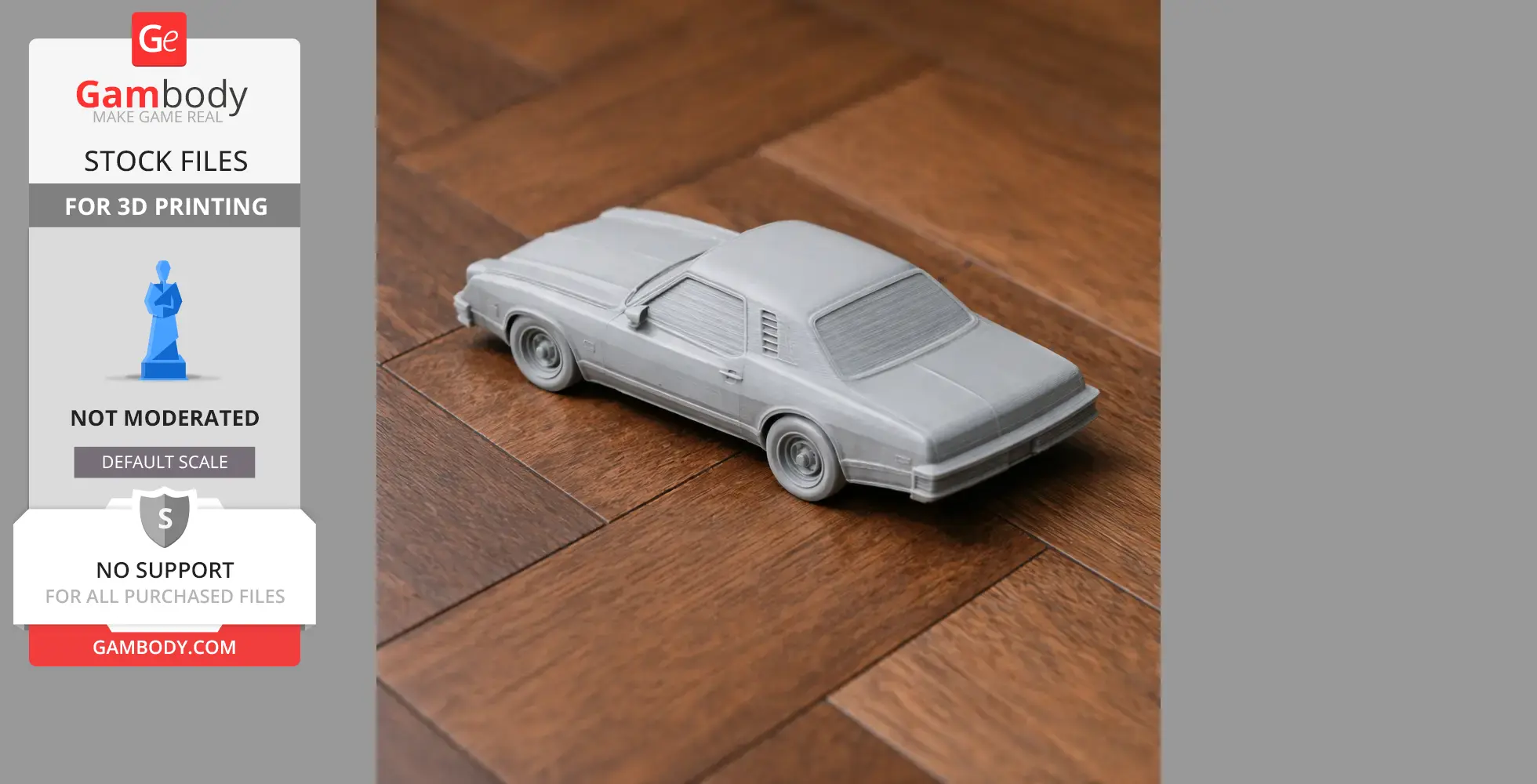 3D-printed Chevrolet Chevelle Laguna model on wooden floor, designed for 3D printing.