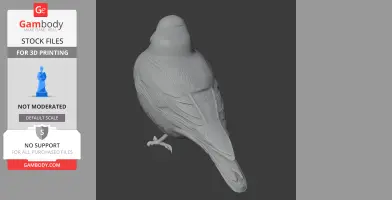 Gray 3D model of a perched bird, detailed feathers, back view. Ideal for 3D printing.