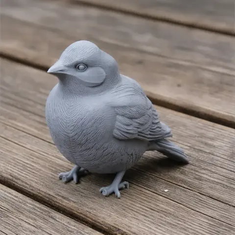 Gray 3D printed model of a bird with detailed feathers, sitting on wooden planks.