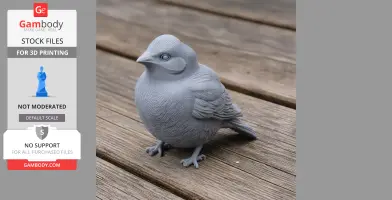 A detailed gray 3D printed model of an Asian rosy finch on a wooden surface.
