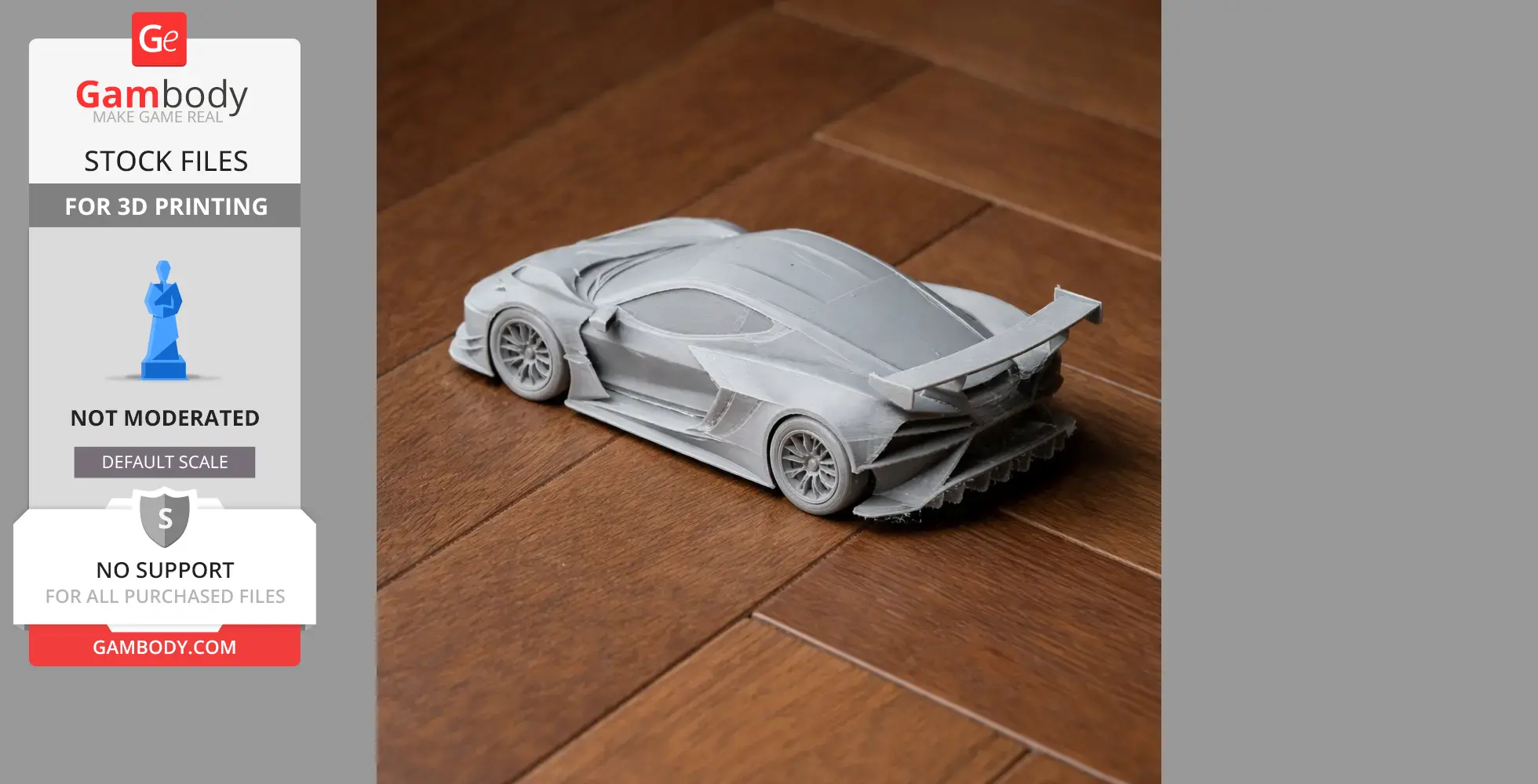 A 3D-printed model of a Chevrolet Corvette C8.R on a wooden surface.