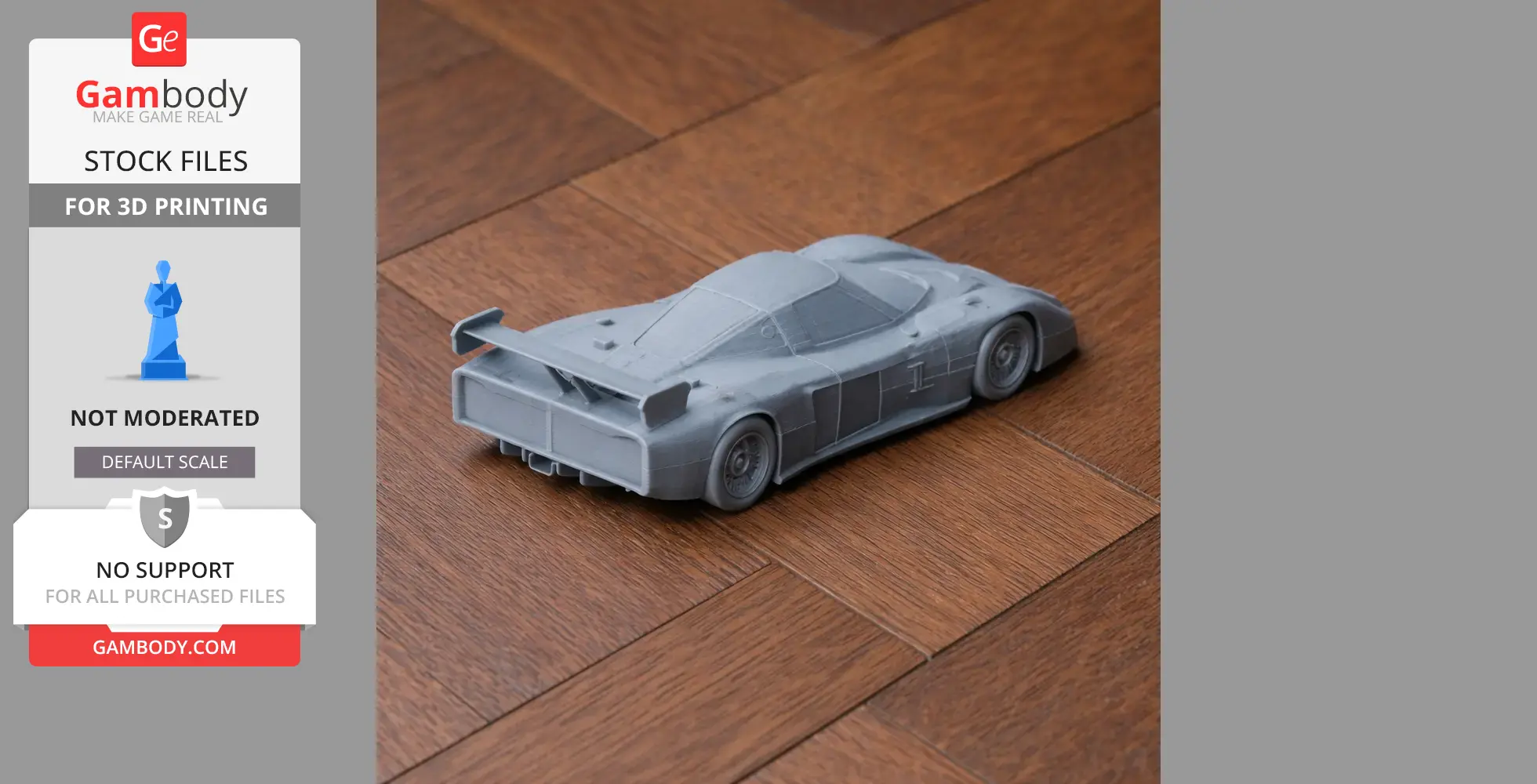 Gray 3D-printed model of a Chevrolet Corvette GTP on a wooden surface.