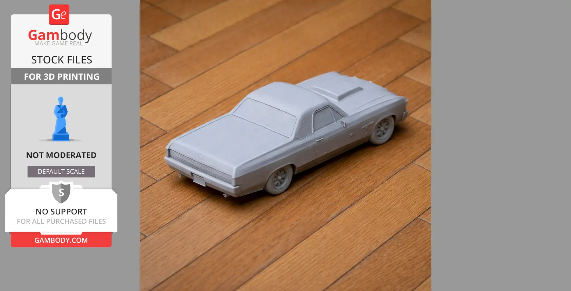 3D printed Chevrolet El Camino model on a wooden floor.