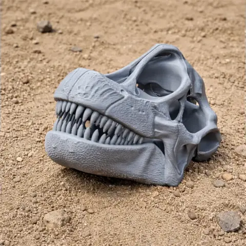 Gray 3D-printed dinosaur-like skull replica resting on sandy ground.