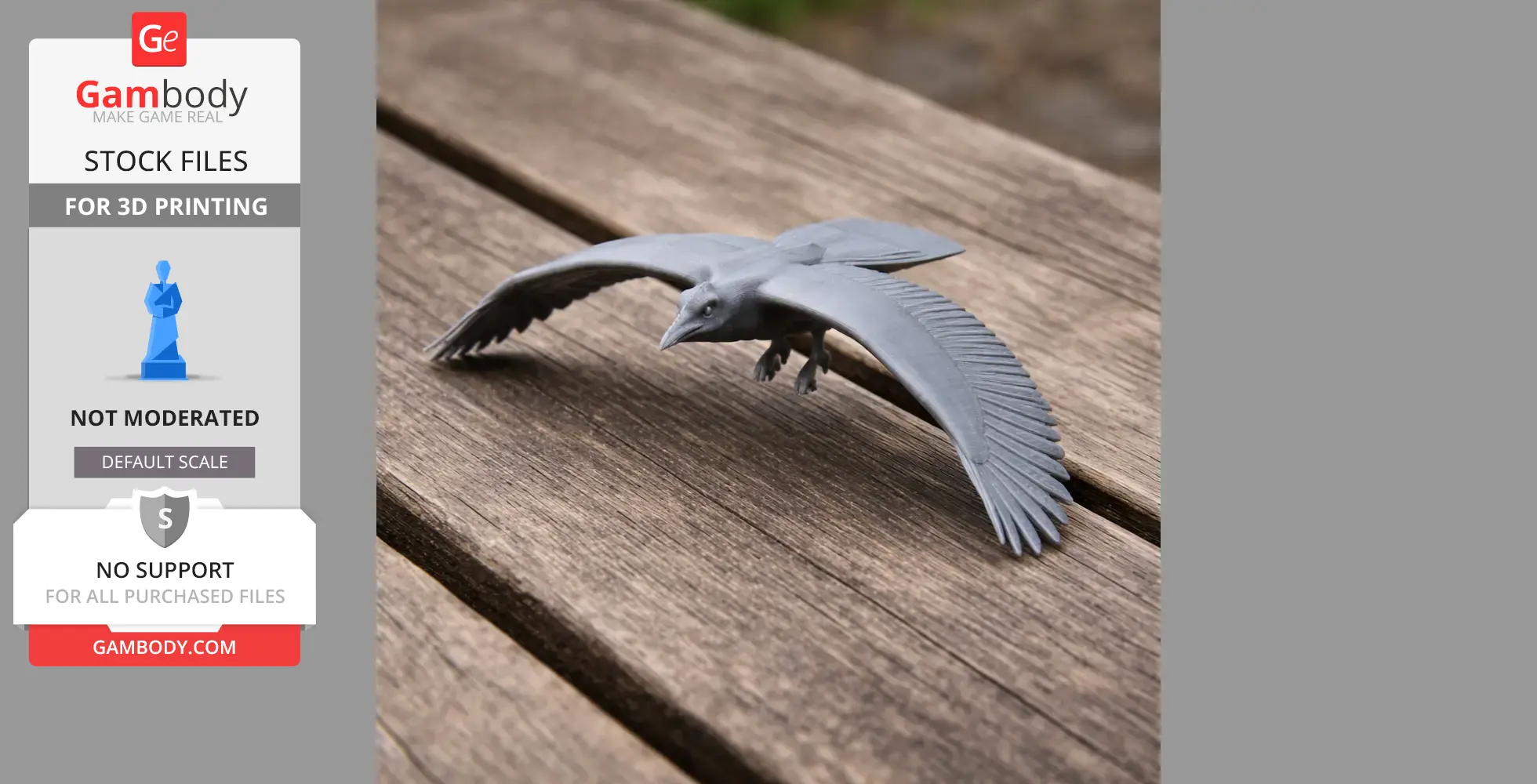 A detailed 3D printed model of a prehistoric bird in flight, with outstretched wings, on a wooden surface.
