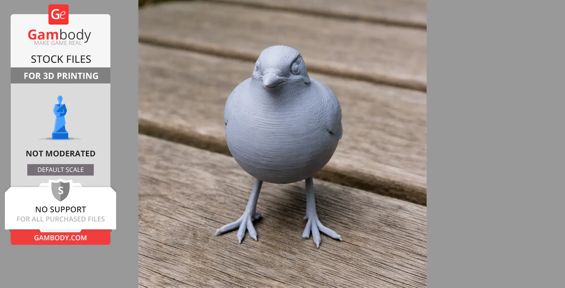 3D printed model of a round bird standing on a wooden surface.