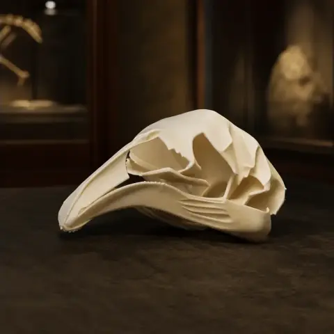 3D-printed North Island Giant Moa skull replica displayed in a dimly lit setting.
