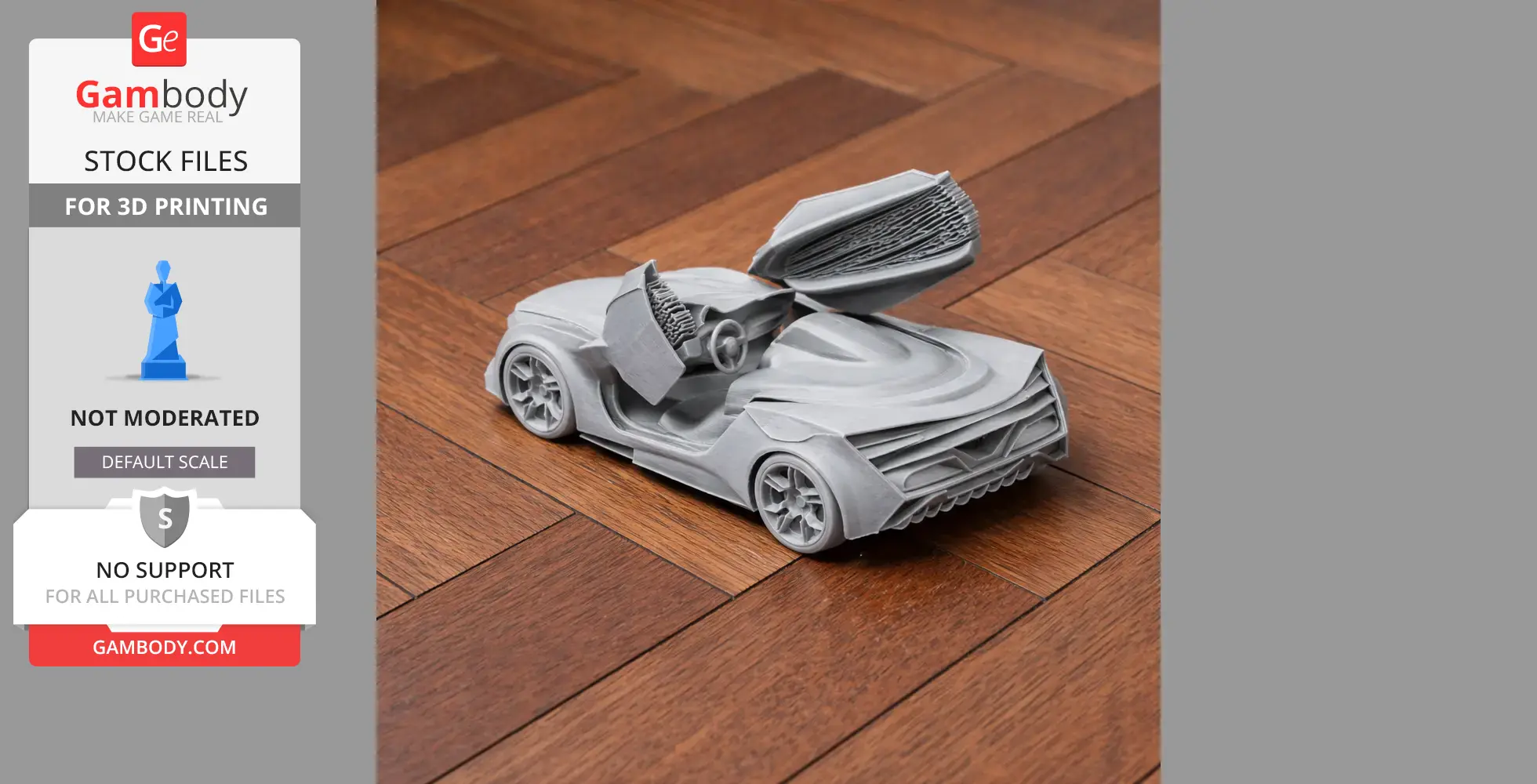 3D-printed model of a Chevrolet Miray car with doors open, displayed on a wooden floor.
