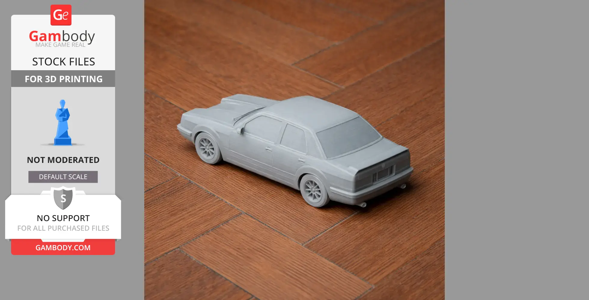 A 3D printed model of a Chevrolet Monza car, unpainted, on a wood surface.