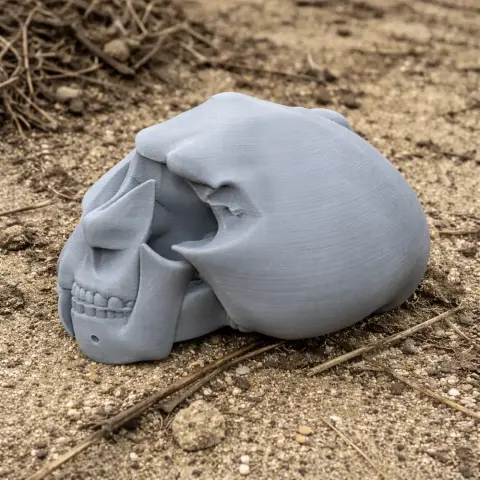 3D printed Nototherium skull replica resting on soil outdoors.