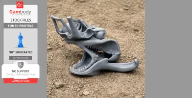 3D printed Nyctosaurus skull model in gray, displayed on a textured sandy surface.