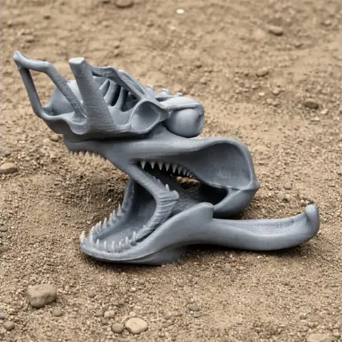 3D-printed Nyctosaurus skull replica with open mouth, set on a textured surface.
