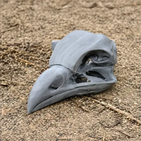 3D-printed oilbird skull replica resting on sandy ground, showcasing intricate details.