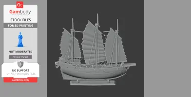 A detailed 3D model of a Chinese junk ship with multiple sails, presented on a display stand.