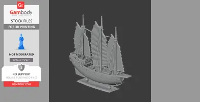 Detailed 3D model of a Chinese junk ship with sails on a display stand.