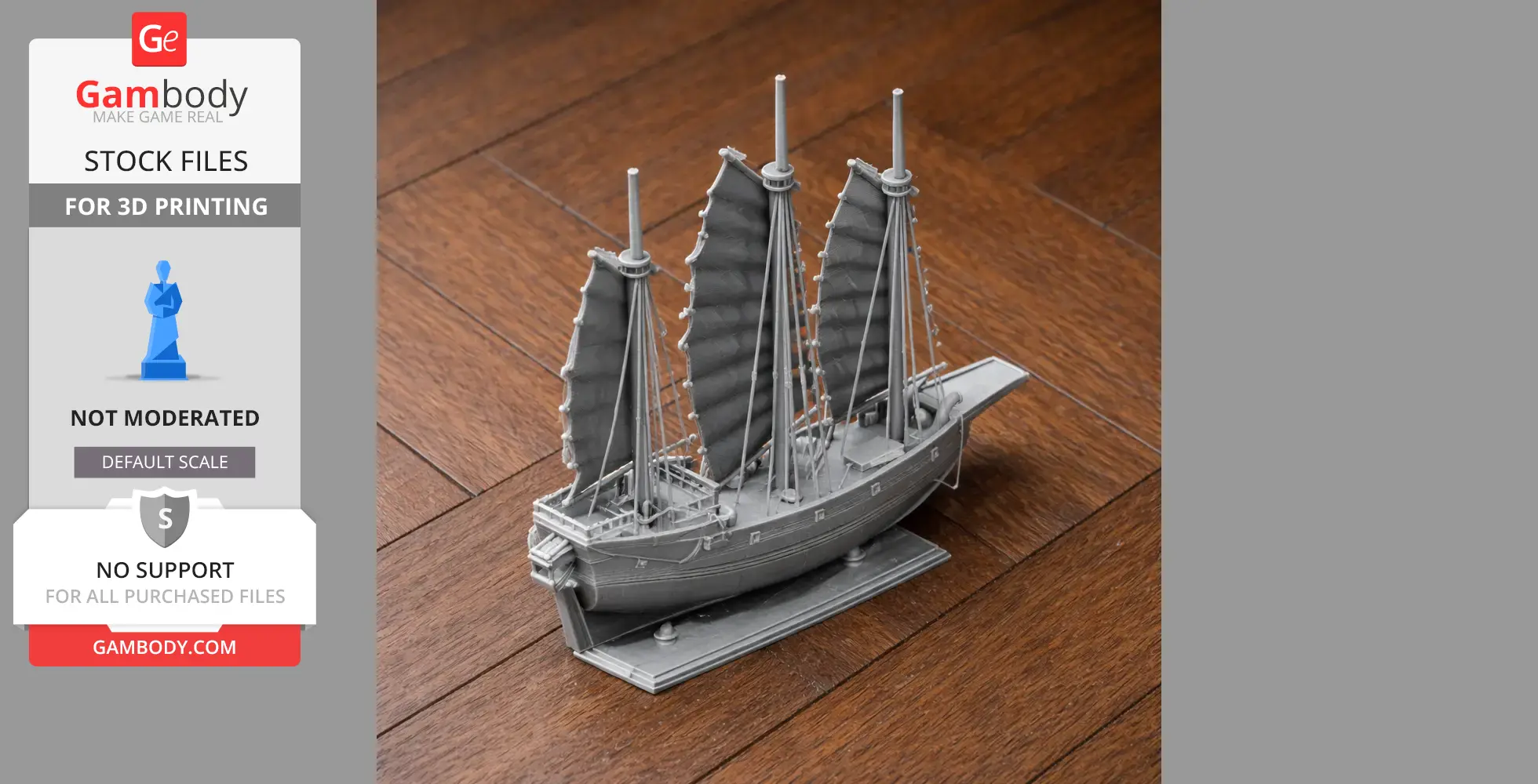 3D printed model of a Chinese junk ship with three sails on a wooden floor.