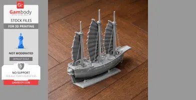 3D printed model of a Chinese junk ship with three sails on a wooden floor.