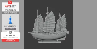 3D model of a detailed Chinese junk ship with sails, designed for 3D printing.