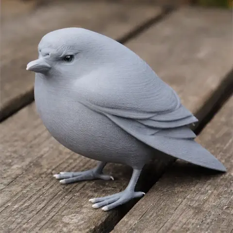 A detailed gray 3D model of a bird with a smooth, rounded body on a wooden surface.