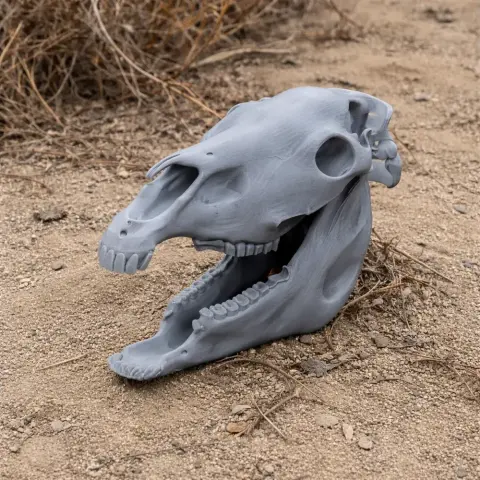 A detailed 3D-printed Olingo skull replica displayed on sandy ground.