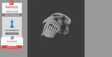 A 3D model of an olive baboon skull, designed for 3D printing, showing prominent teeth and eye sockets.