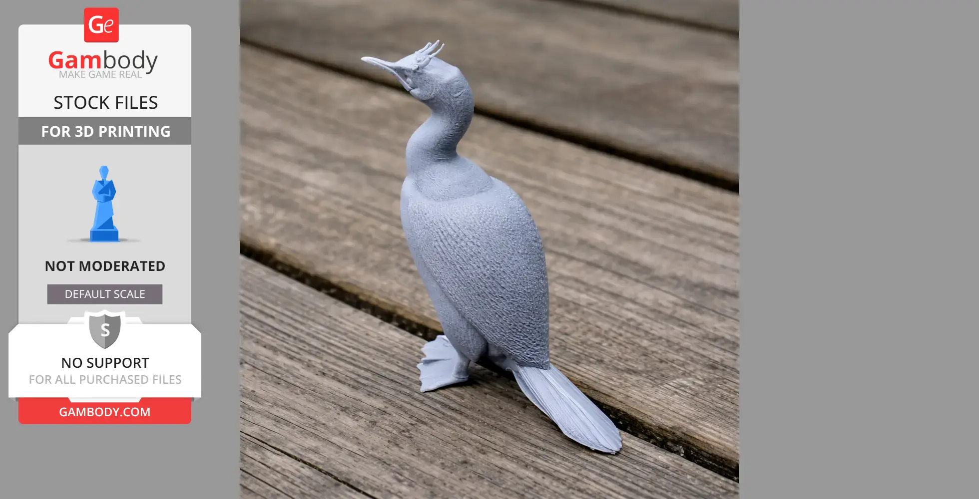 Gray 3D-printed model of an Auckland shag, a prehistoric bird, standing on wooden surface.
