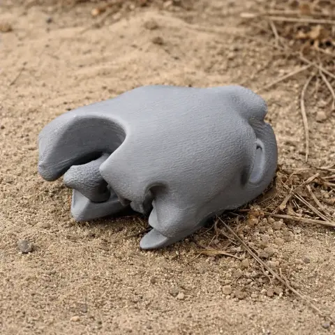 3D printed Olive Ridley Turtle skull replica resting on sandy ground.