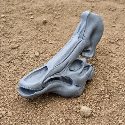 3D-printed Olorotitan skull replica placed on a sandy surface.