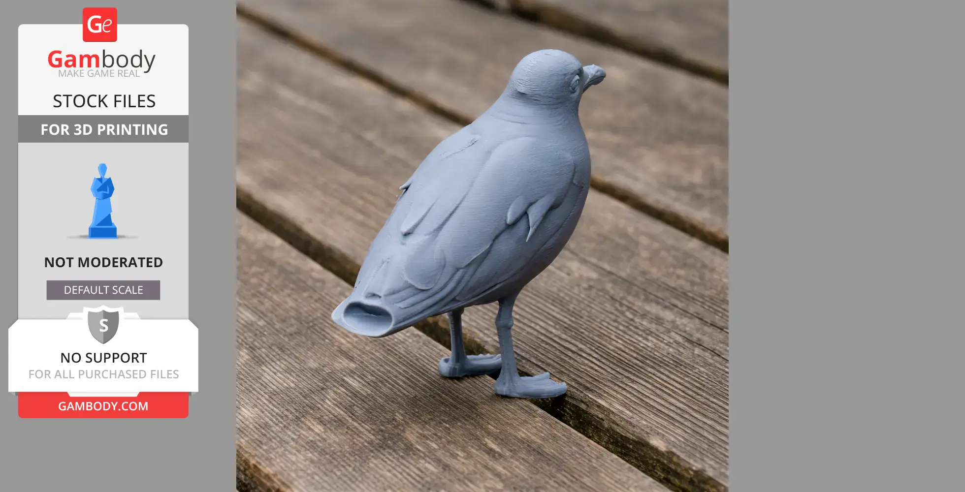 Gray 3D-printed model of a bird, resembling Audouin's gull, on a wooden surface.
